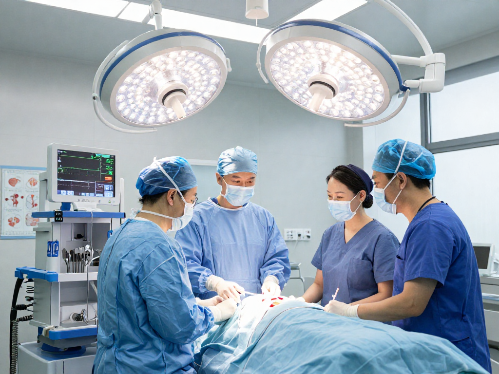 Beyin tümörü ameliyatı setup with neurosurgeon team in action, highlighting advanced surgical equipment.