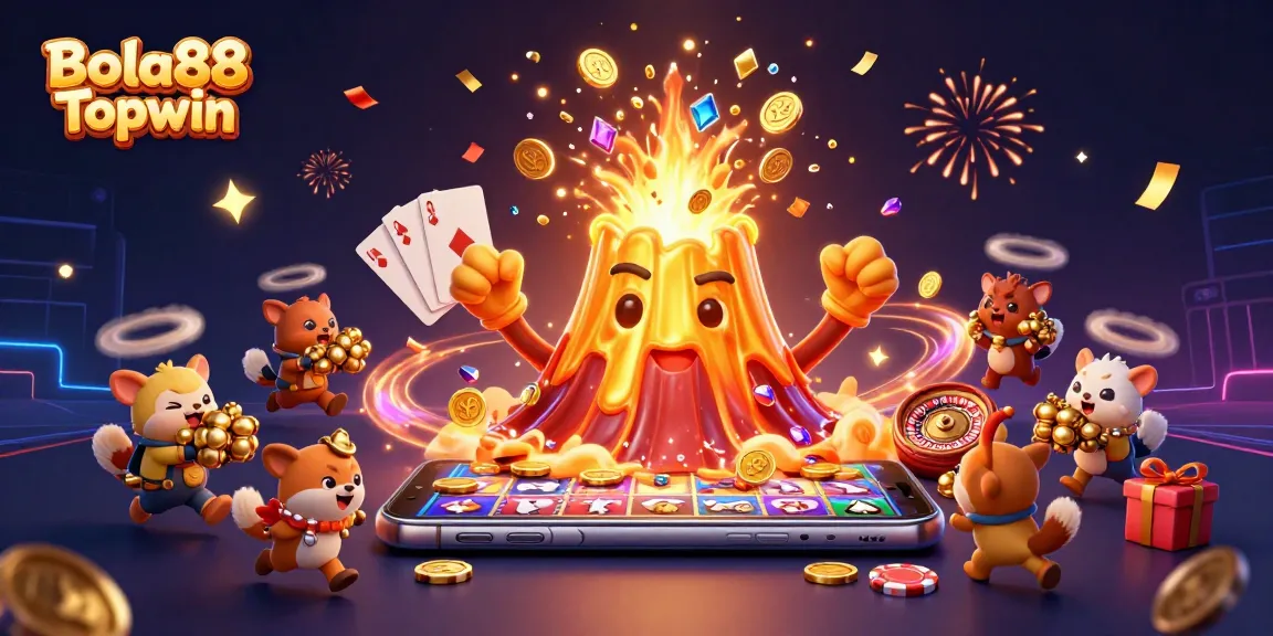 Bola88 Topwin erupts with winnings as a golden volcano showers coins and gems in a dynamic casino scene.