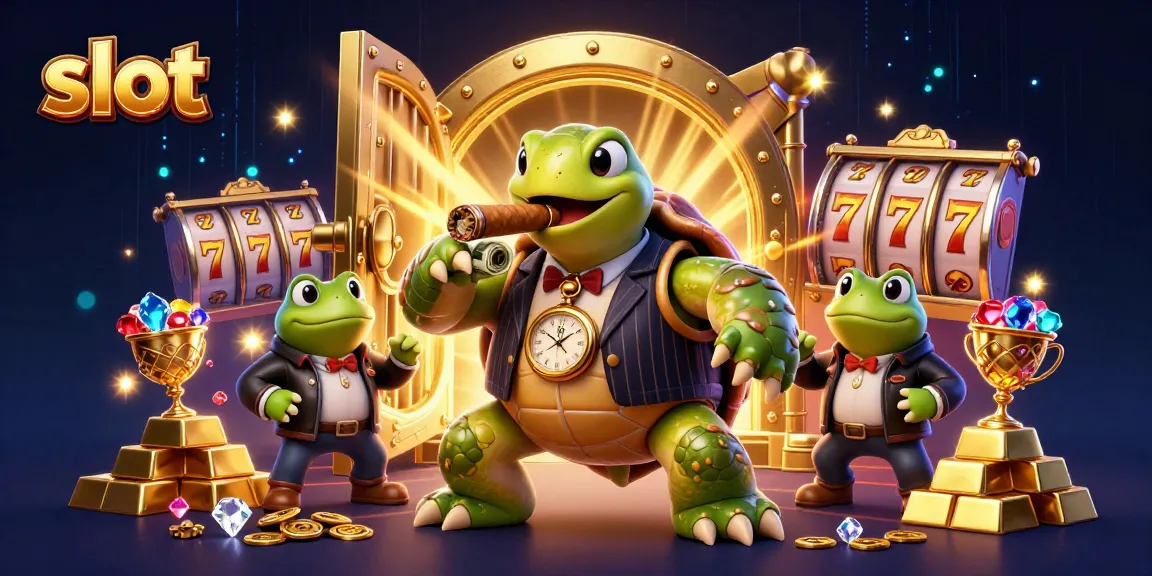 Engage in thrilling slot games with a dynamic scene showcasing a snapping turtle and bullfrogs amid sparkling treasures.
