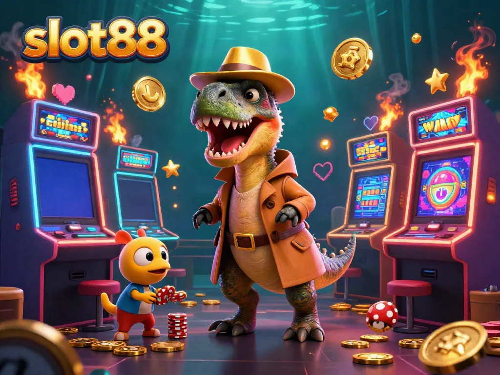 Experience the thrill of slot88 with a daring velociraptor at the casino amidst vibrant game elements.