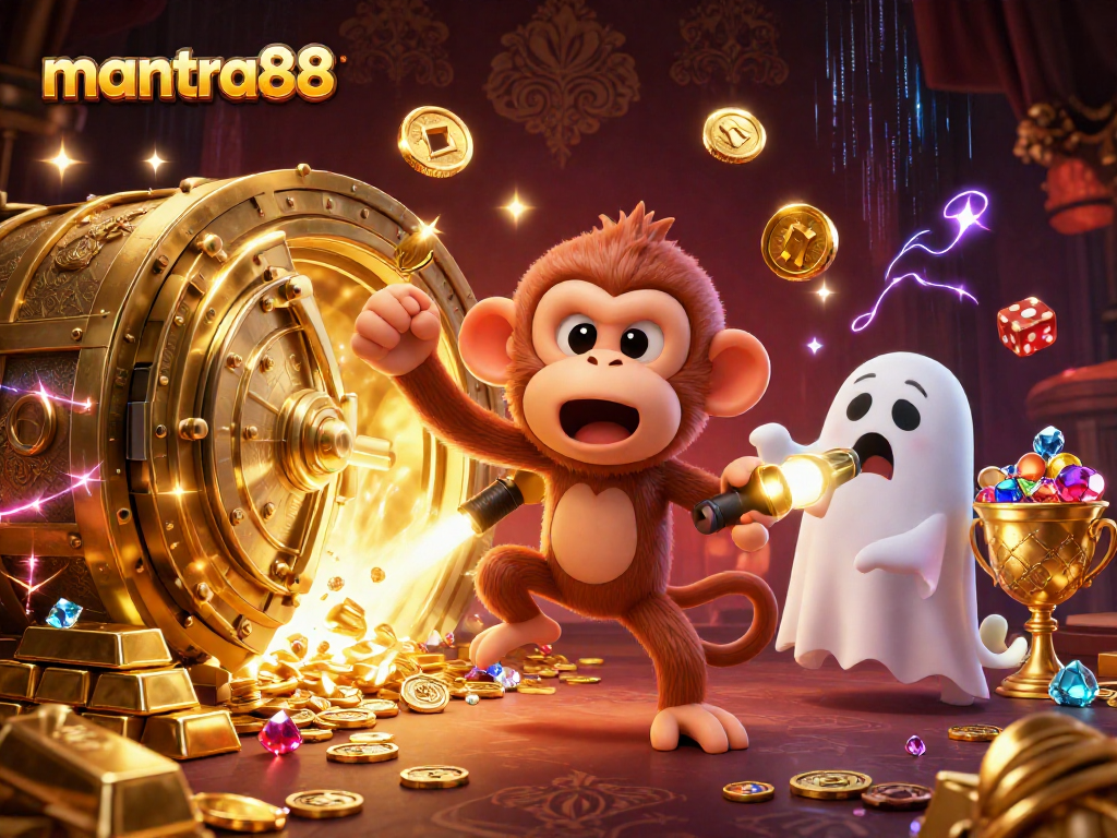 Experience thrilling moments with mantra88 in a vibrant haunted casino scene featuring magical treasures.