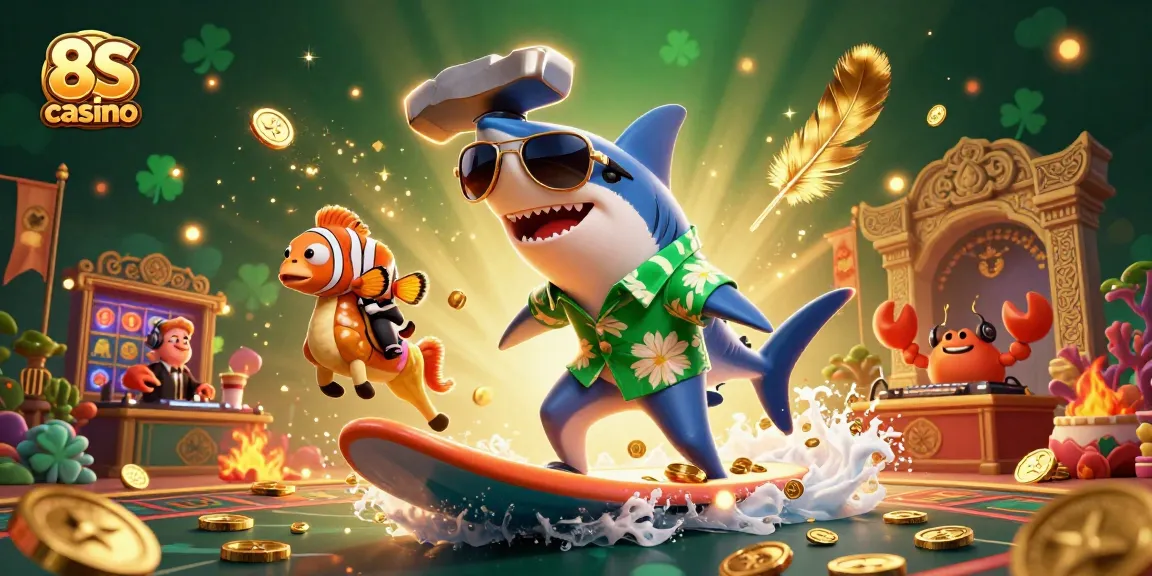 Engage with 8S casino as a hammer-head shark surfs on gold coins in an exciting gaming scene.