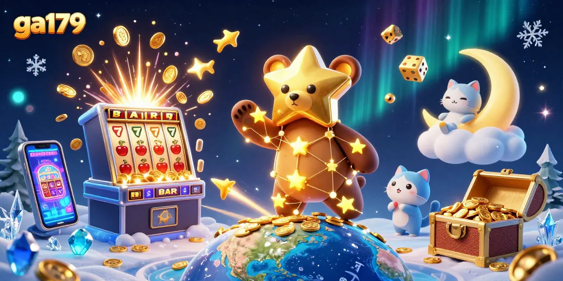 Experience ga179's vibrant slot machine thrills and cosmic companions in this 3D illustration.