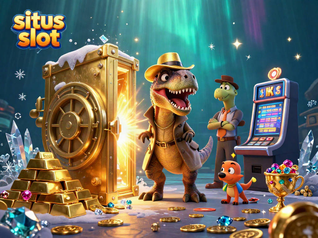 Velociraptor di mesin slot dengan pencahayaan dramatis, menunjukkan situs slot menarik.