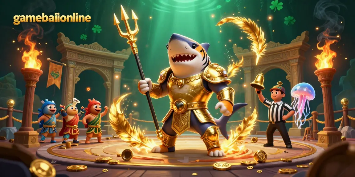 Engage with gamebaiionline's thrilling underwater gladiator scene featuring a tiger shark and cheering fish.