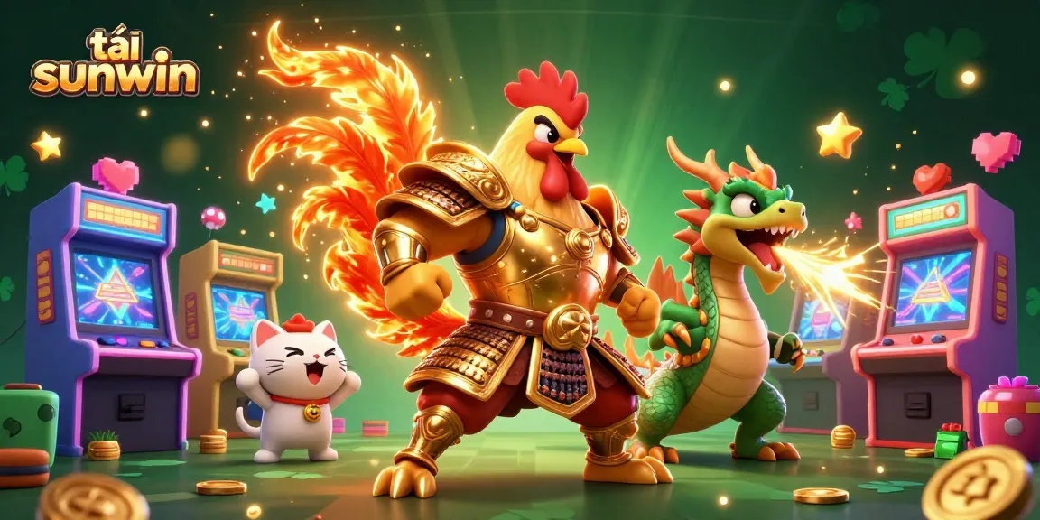 Play tải sunwin with a vibrant 3D illustration showcasing a rooster warrior and dragon amidst gaming excitement.