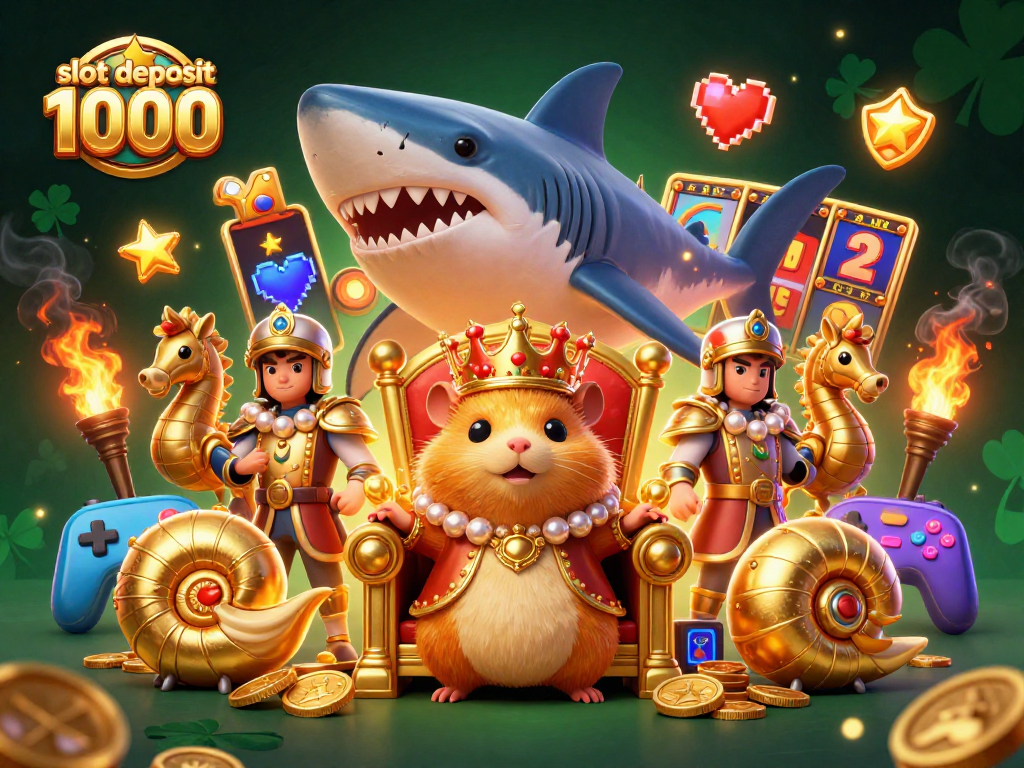 Experience the thrill of slot deposit 1000 with vibrant illustrations of a hamster king and casino elements in dynamic action.