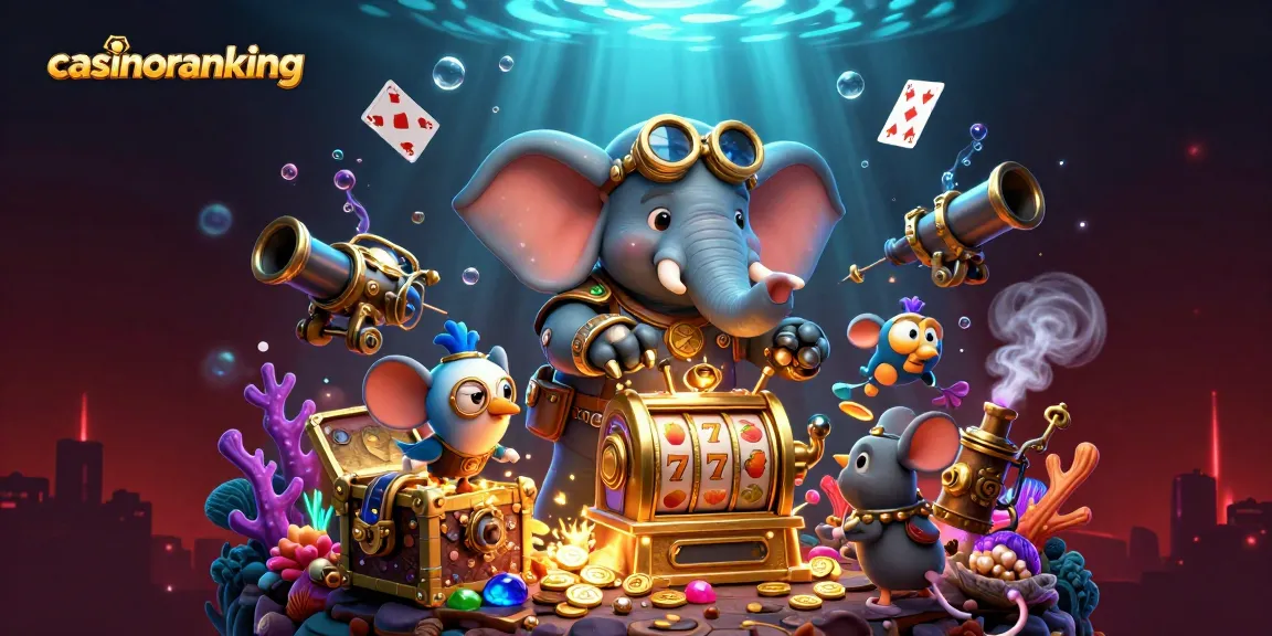 Spin and win at casinoranking's dynamic cartoon scene featuring casino-themed elements.