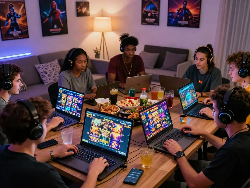 Exciting online slot resmi gaming session with players using laptops and mobile devices in a vibrant living room atmosphere.