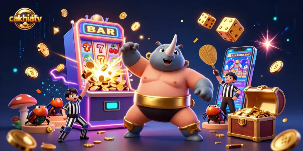 Cakhiatv captures dynamic casino vibes with a rhinoceros beetle champion amidst explosive gaming action.