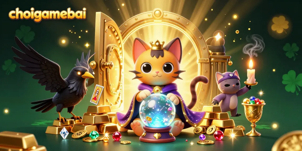 Join the excitement at choigamebai as fortune unfolds with a mystical cat and radiant raven!