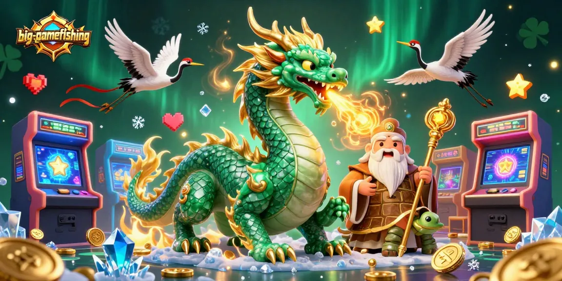 Engage in big-gamefishing with a jade dragon and lucky cranes in a vibrant gaming illustration.