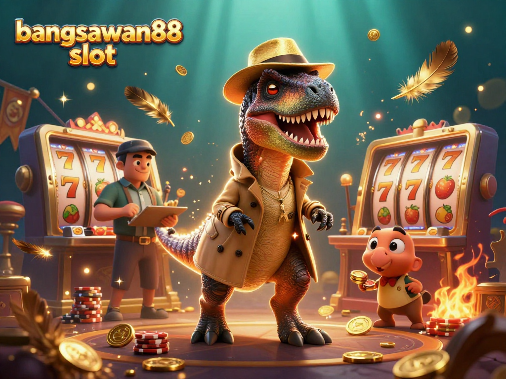 Engaging action of bangsawan88 slot as a velociraptor card counter and stegosaurus pit boss create a lively casino scene.