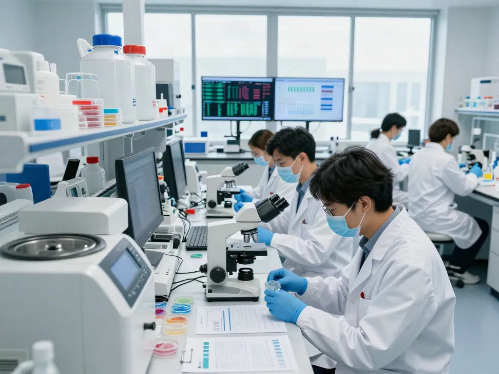 Biobank for cancer research in a modern lab showcasing researchers analyzing biological samples and genomic data.