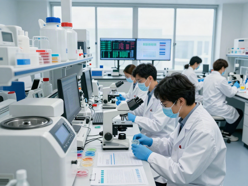 Biobank for cancer research in a modern lab showcasing researchers analyzing biological samples and genomic data.