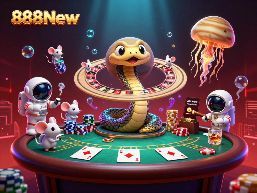 Engage in exciting gameplay with 888New at a vibrant cosmic casino scene featuring a roulette planet.