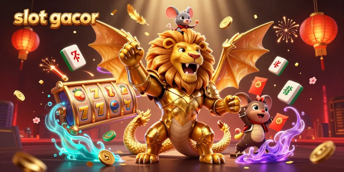 Spin the slot gacor and revel in the vibrant casino scene featuring a roaring chimera and colorful game elements.