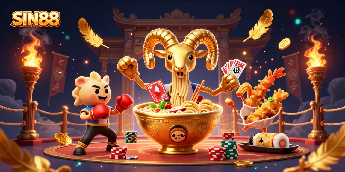 SIN88 casino scene with a golden ramen bowl dealer amid vibrant animated elements full of excitement