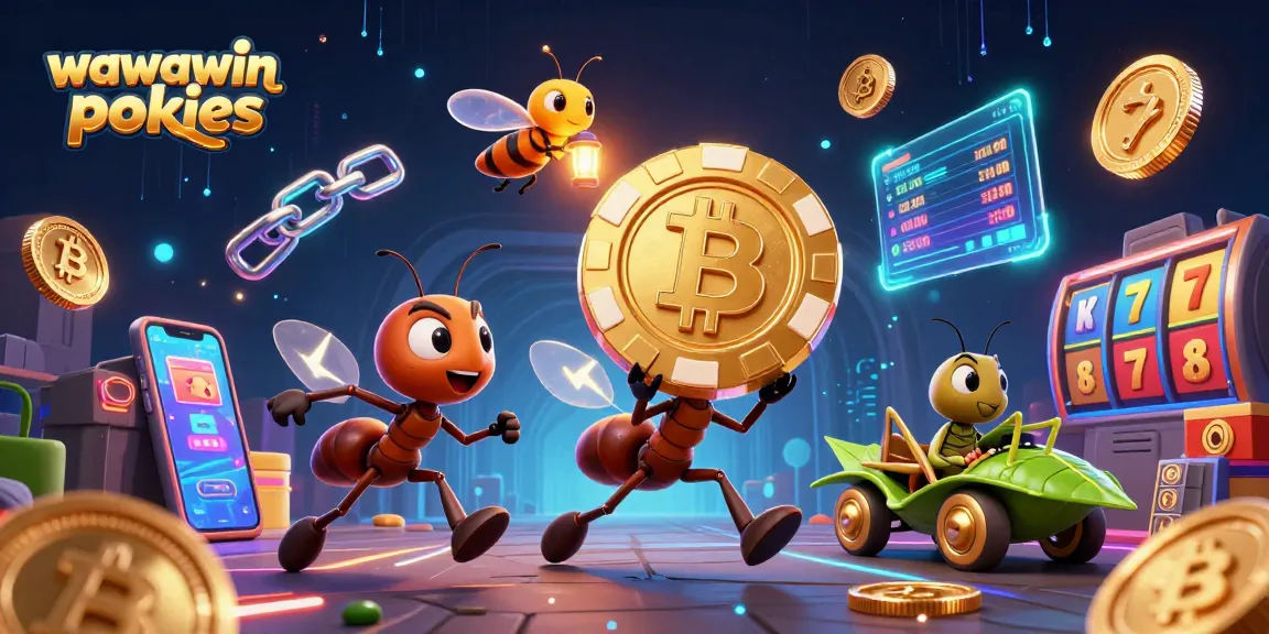 Engage with thrilling wawawin pokies as cartoon ants heist a giant poker chip in an electrifying digital scene.