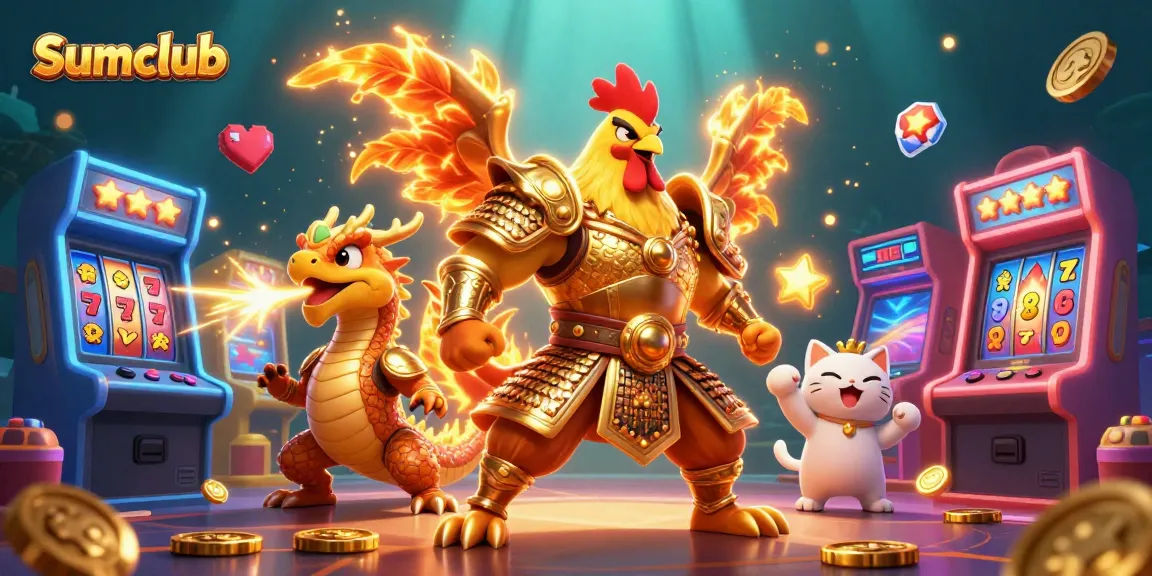 Engage with the vibrant gaming scene at Sumclub featuring colorful arcade machines and unique characters.