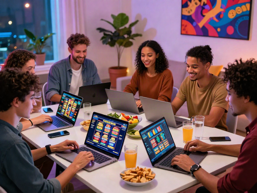 Friends enjoying a lively slot online gaming session with colorful graphics and snacks.
