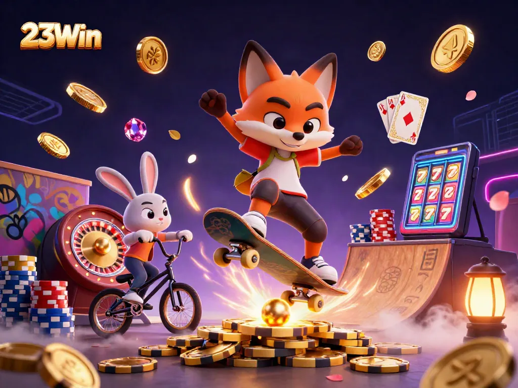 Experience the thrill of 23Win with vibrant casino scenes featuring dynamic characters and lucky symbols.