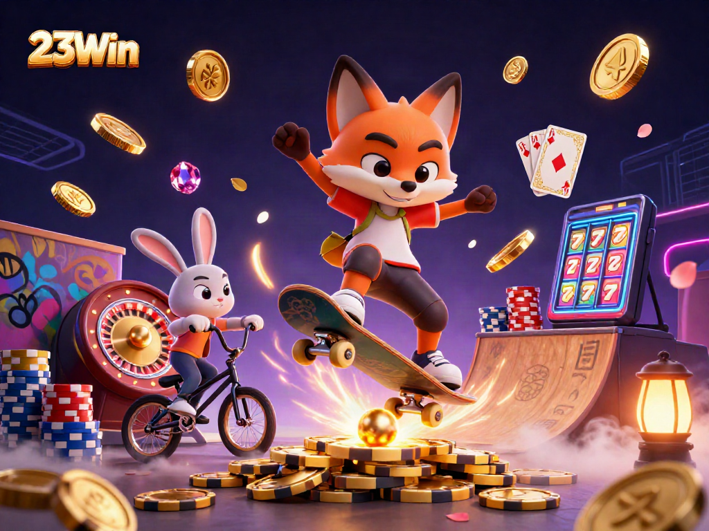 Experience the thrill of 23Win with vibrant casino scenes featuring dynamic characters and lucky symbols.