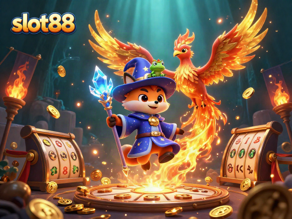 Experience the excitement of slot88 as a mystical fox wizard and phoenix create a thrilling casino atmosphere.