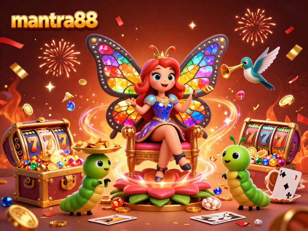 Engage with mantra88's thrilling slots as the 3D butterfly queen celebrates jackpots amidst vibrant casino elements.