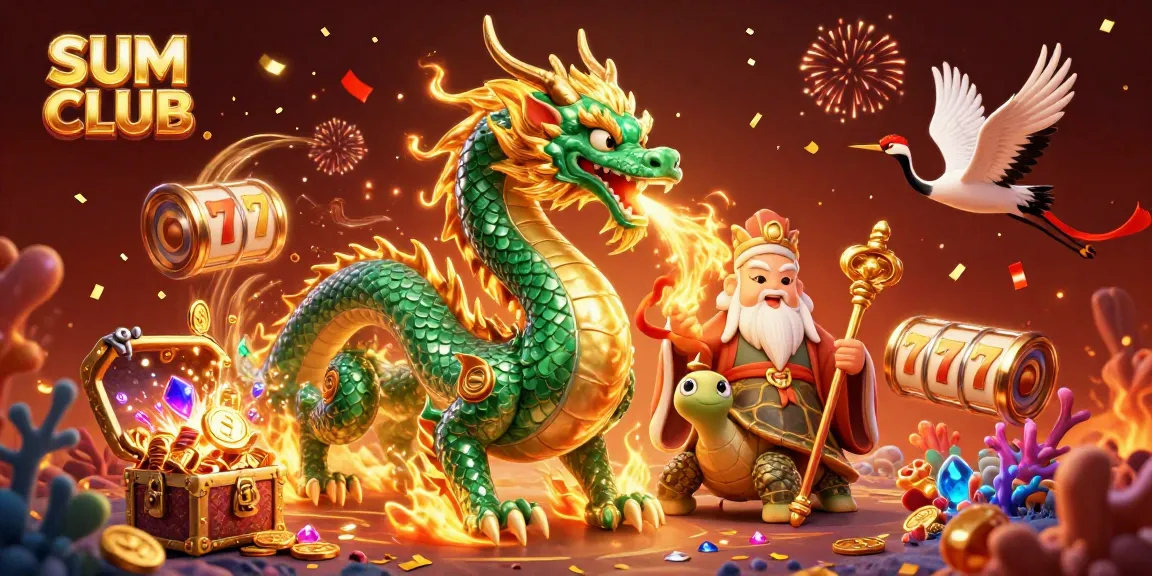 Experience the excitement of SUM CLUB with immersive gaming elements like a jade dragon and lucky symbols.