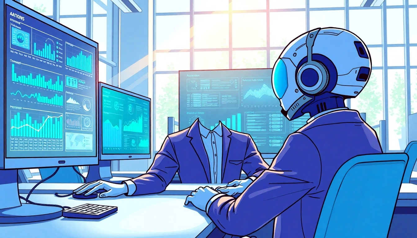 Visualize AI agents efficiently processing data within a high-tech workspace.
