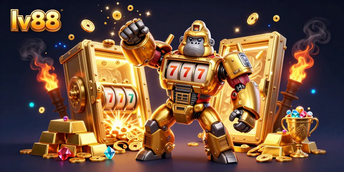 Engage with exciting lv88 adventures featuring a golden mech amidst treasure and casino elements.