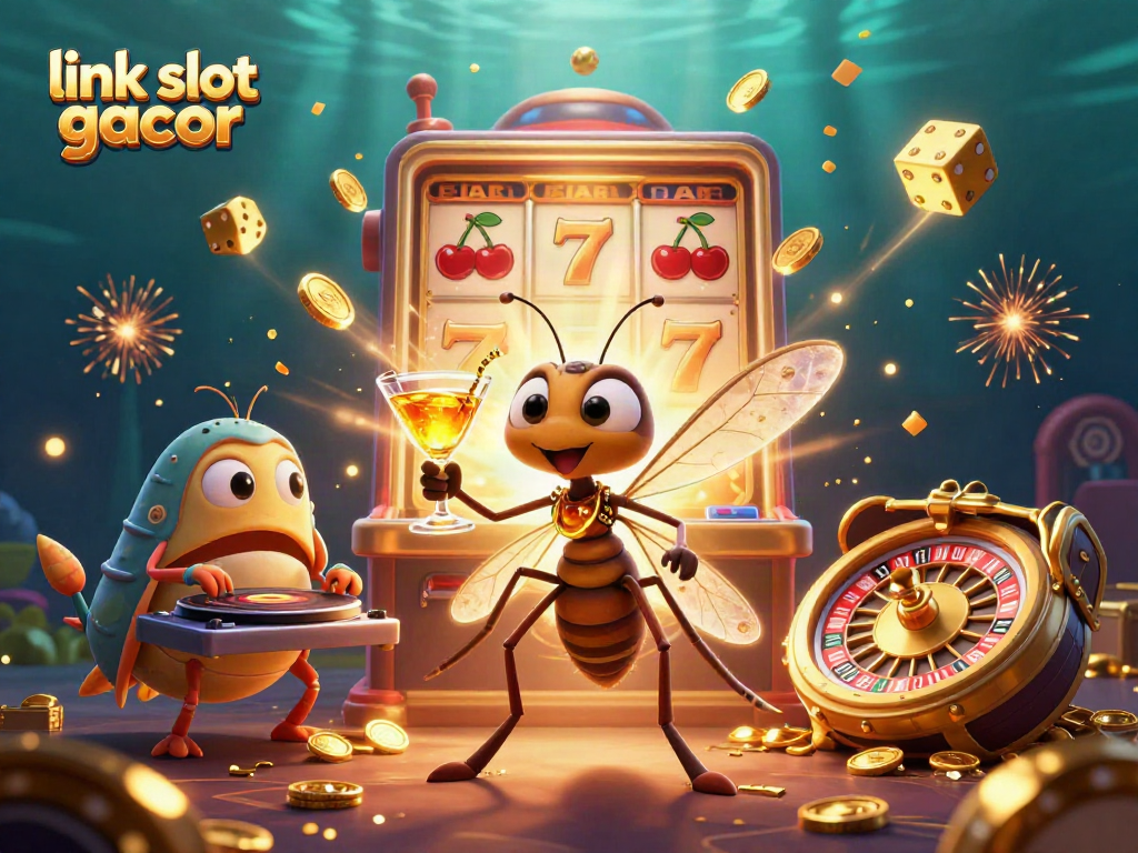 Engage with slot gacor action featuring an animated casino mascot, roulette, and overflowing treasure!