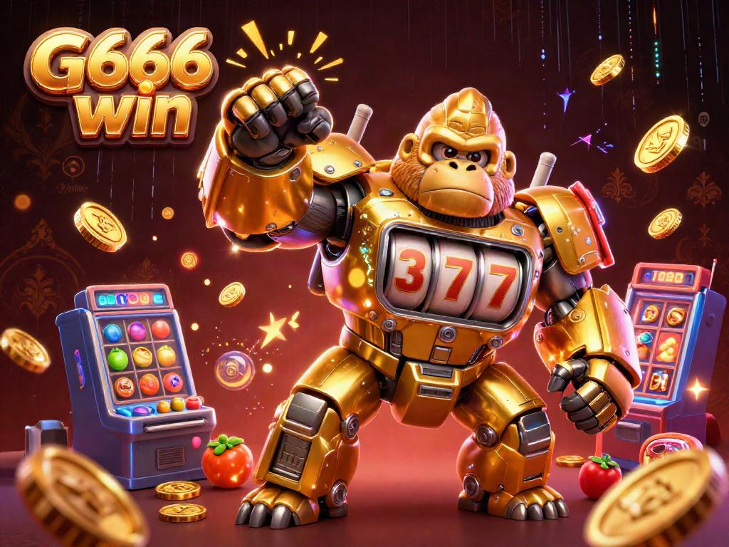 Experience the excitement of G666 win with a dynamic 3D scene showcasing a golden gorilla mech, slot machines, and vibrant gaming elements.