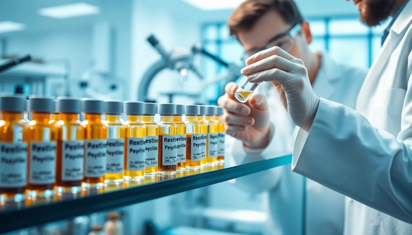 Explore peptides for sale in a detailed laboratory setting highlighting research vials and equipment.