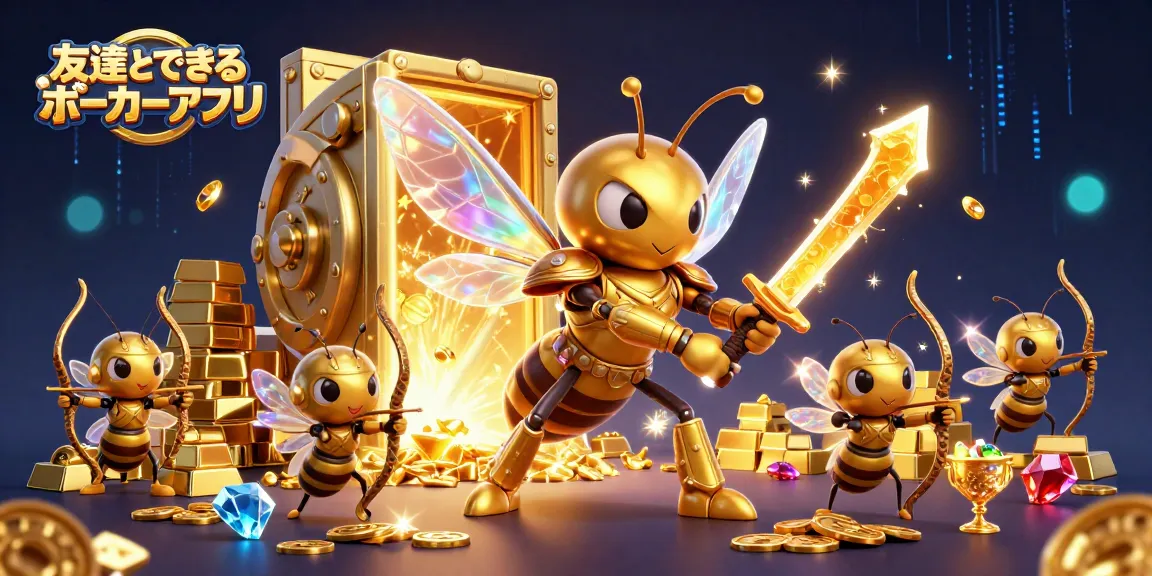 友達とできるポーカーアプリで楽しむポーカーの3Dイラスト。戦略を駆使して勝利を目指すシーン。