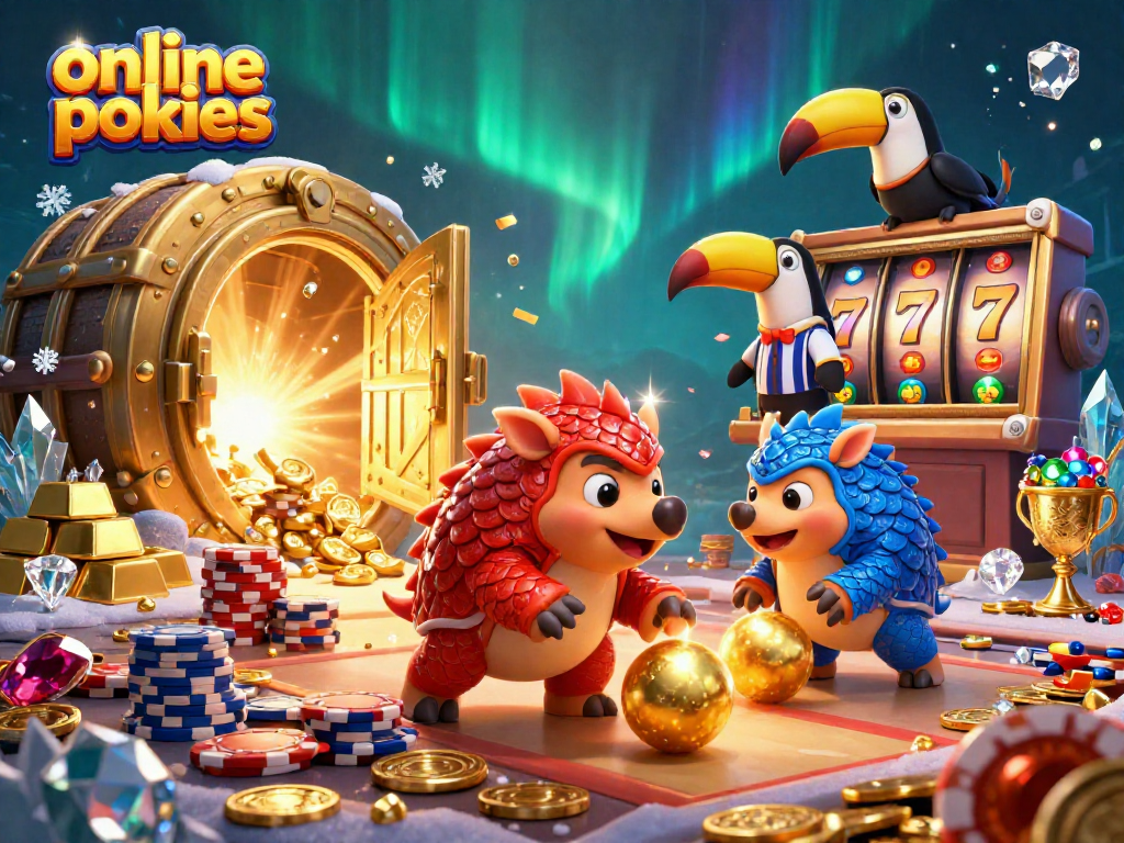 Engaging scene of rival pangolins rolling golden balls in a vibrant online pokies gaming environment.