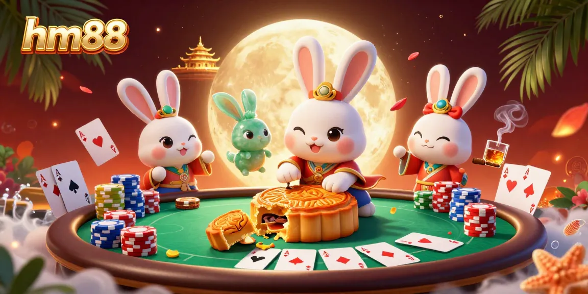 Engage in exhilarating poker play at hm88 featuring vibrant moon rabbits amid a captivating casino backdrop.