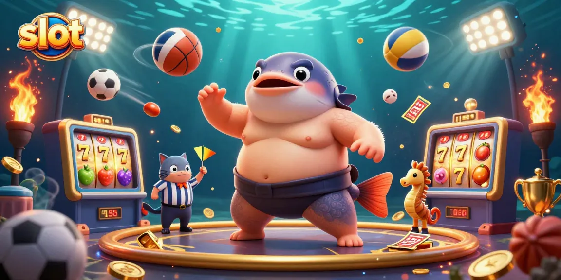 Spin the slot machine reels featuring a giant fugu surrounded by exciting casino elements and lucky symbols.
