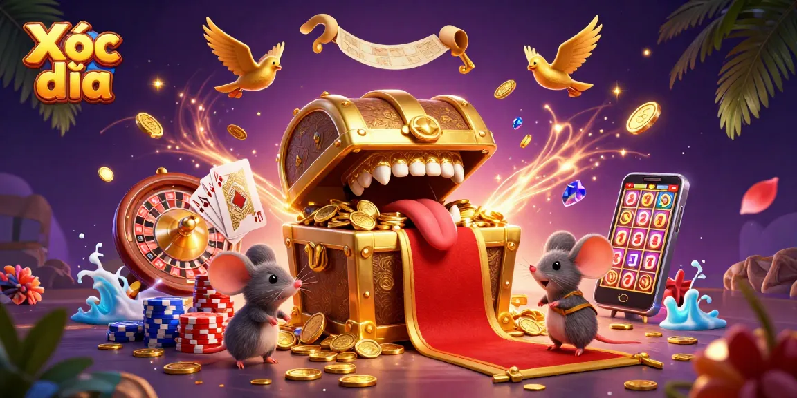 Xóc đĩa game's captivating scene showcasing adventure with dazzling treasures and casino excitement.