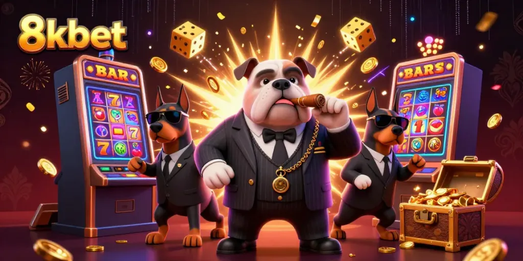 Engage with 8kbet's vibrant casino world, featuring a mobster bulldog and Doberman bodyguards amid exciting gambling elements.