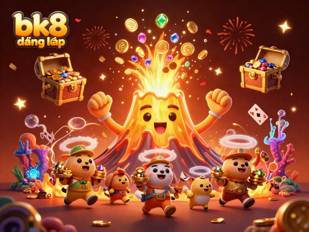 Experience the excitement of bk8 đăng nhập with a vibrant 3D volcano eruption, treasure, and casino-themed elements.
