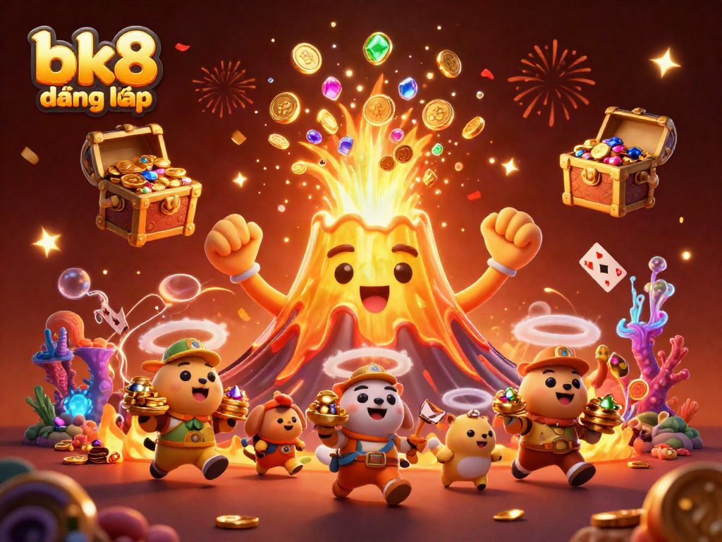 Experience the excitement of bk8 đăng nhập with a vibrant 3D volcano eruption, treasure, and casino-themed elements.