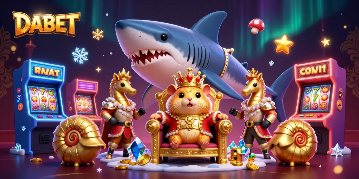 DABET transports players to a vibrant world with a golden hamster king on a megalodon throne amidst flashing slot machines.