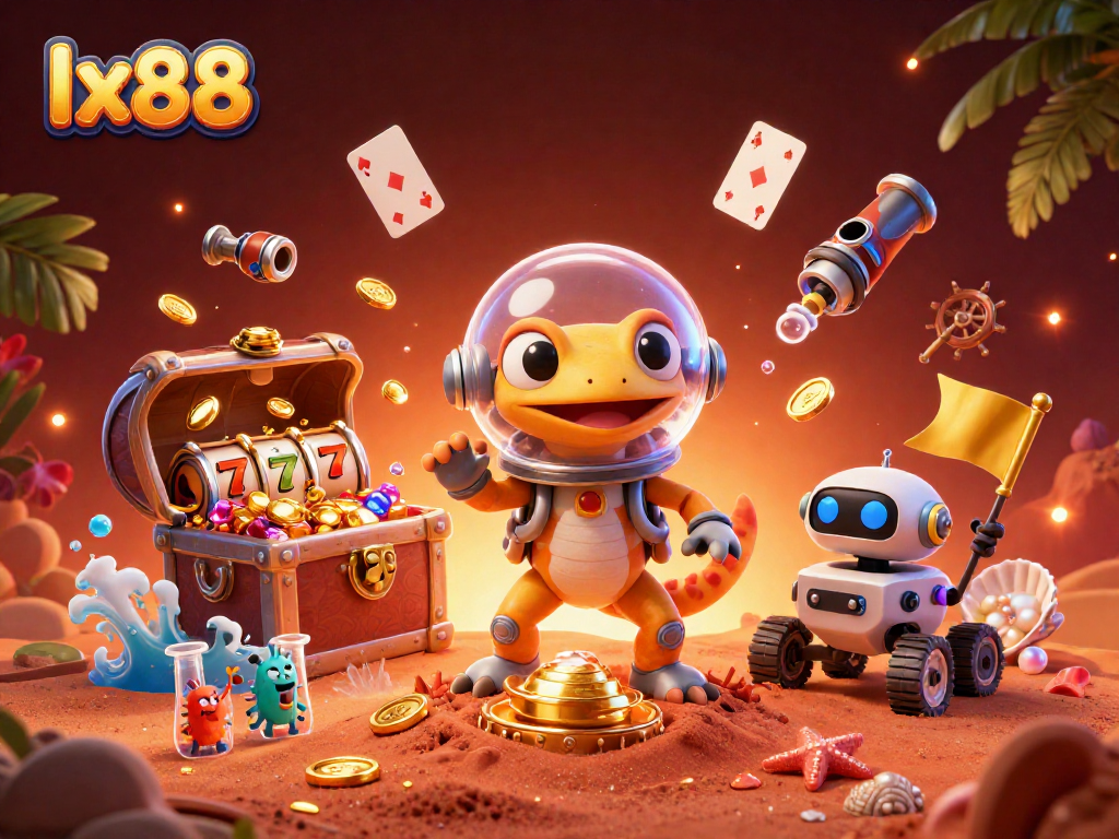 Experience the excitement of lx88 with a Martian gecko discovering a golden casino and treasure in a vibrant scene.