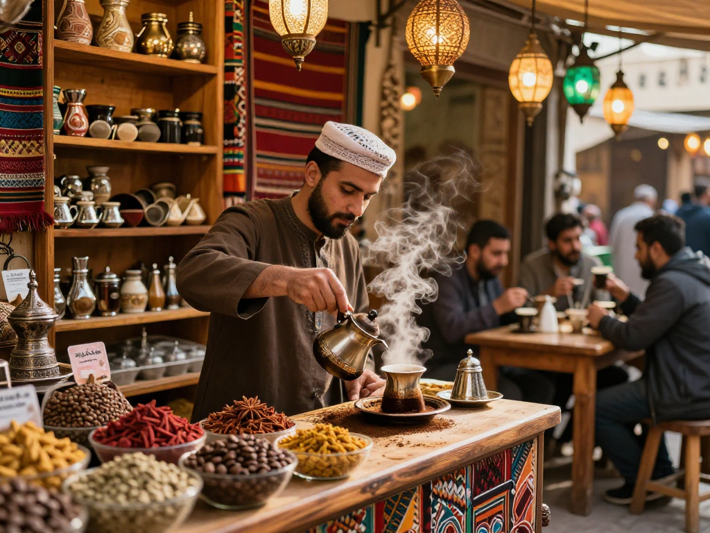 قهوجي يجسد أجواء المقاهي التقليدية في البازار الشرقي