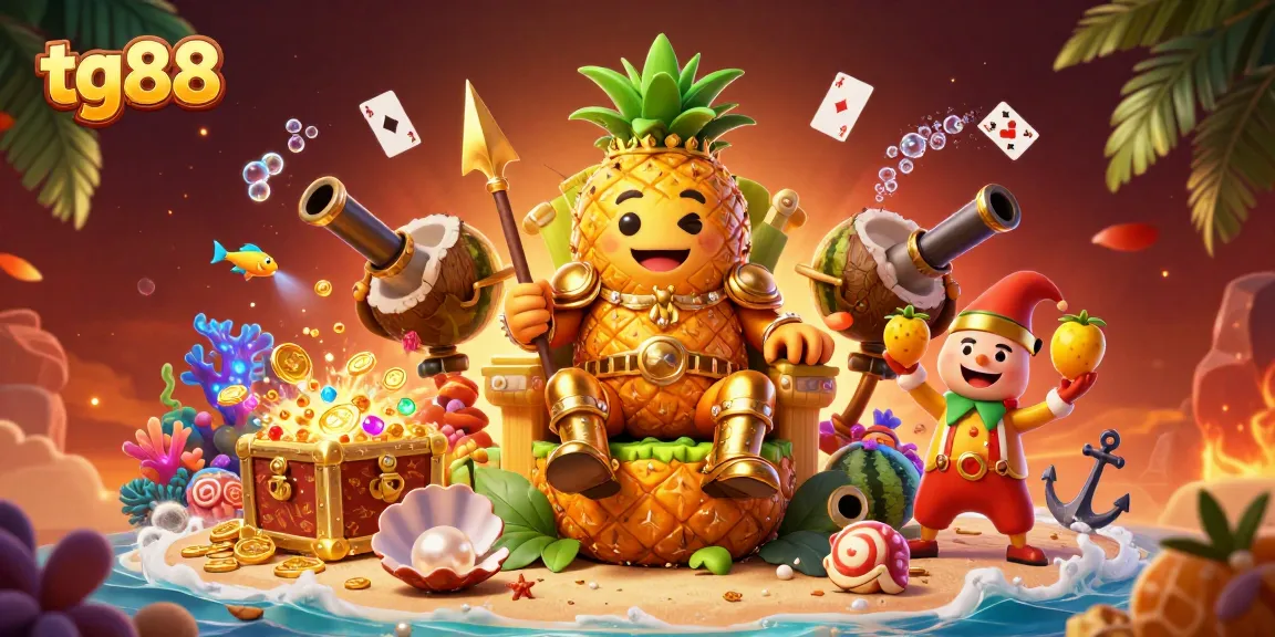 Experience the excitement of tg88 with a vibrant 3D casino scene showcasing a golden pineapple king and treasure elements.