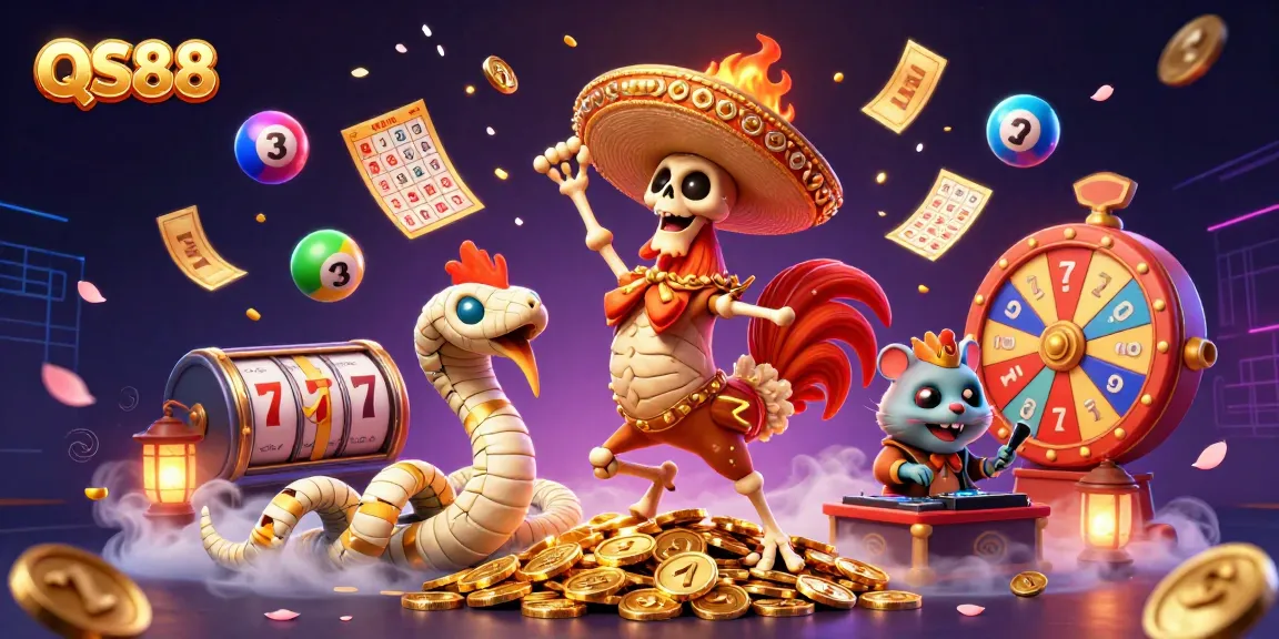 Experience the excitement at QS88 with a vibrant 3D casino scene showcasing dynamic characters and golden rewards.