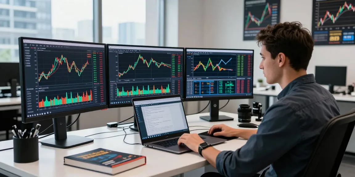 Focused trader analyzing currency charts on mt4 platform in a modern office