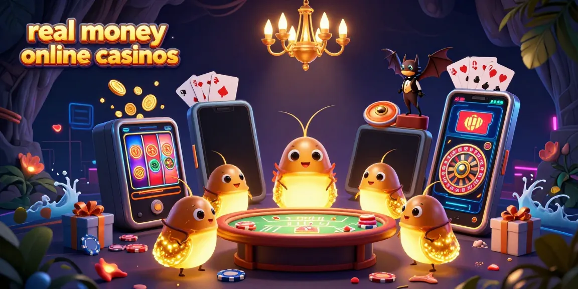 Experience real money online casinos in a vibrant 3D glowworm casino scene with engaging gaming elements.